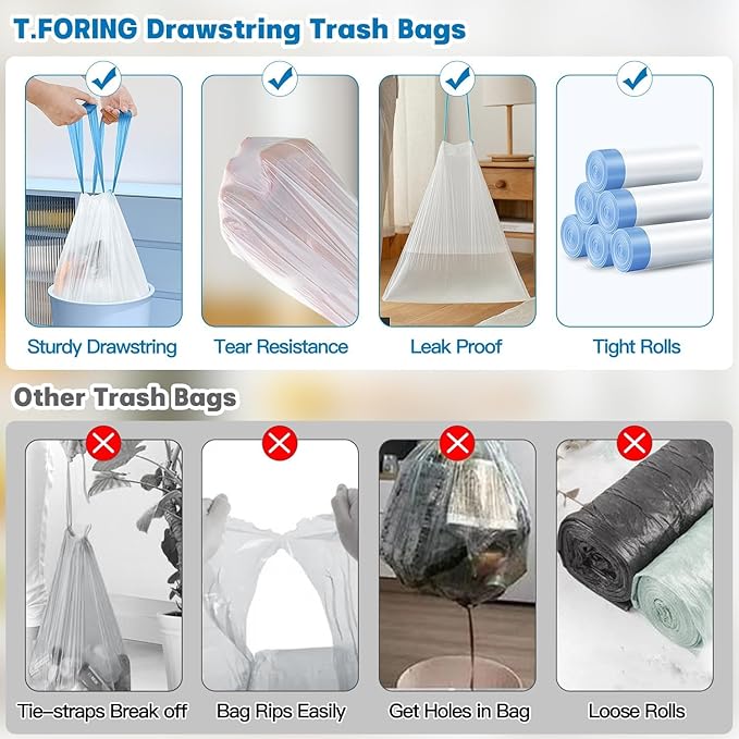 10-13 Gallon Trash Bags Drawstring 1.2 Mil - White Garbage Bags Unscented,37.8 Liter Strong Can Liners for Kitchen Home Office Bathroom,52 Count