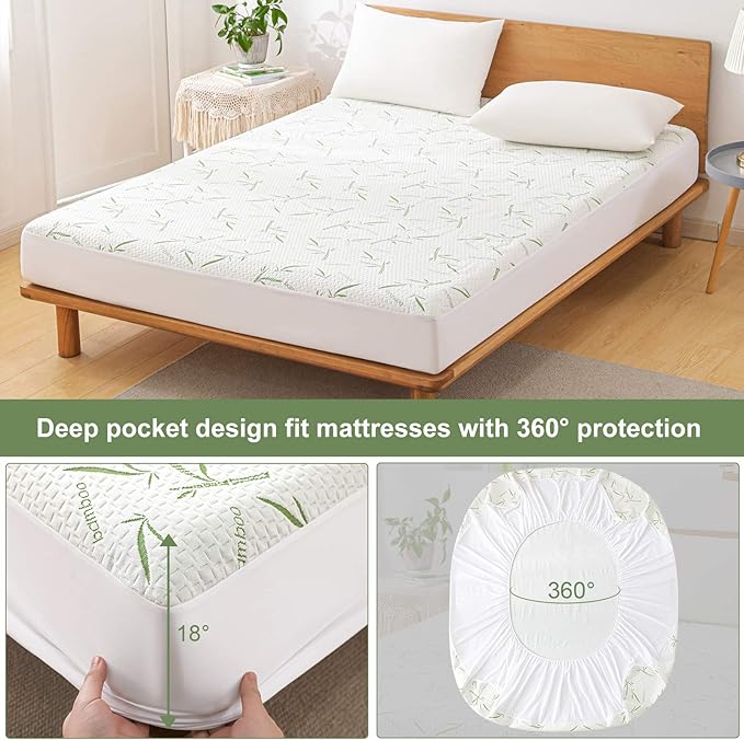 Twin Mattress Protector Waterproof Mattress Pad Washable Bamboo Rayon Mattress Cover Breathable Noiseless Bed Protector 5" - 21'' Elastic Fitted Deep Pocket