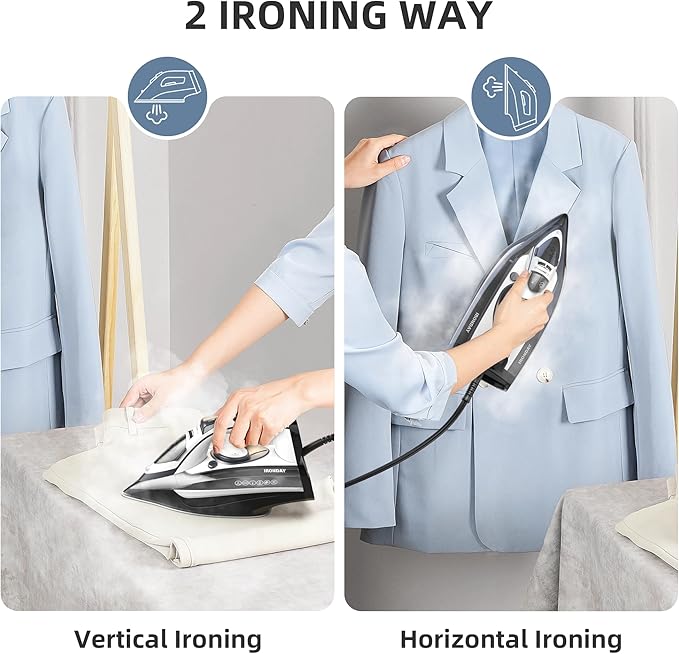 Steam Iron for Clothes Rapid Heating, 1700W Iron with Non-Stick Ceramic Soleplate, 3-Way Auto-Off, Burst of Steam, Self-Cleaning, 14.07oz Water Tank Ironing Clothes for Home, Grey