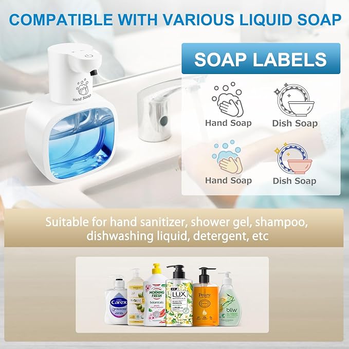 Automatic Liquid Soap Dispenser with 500ml /17oz Capacity, Touchless Soap Dispenser with 4 Level Adjustable, Rechargeable, Wall-Mounted, Waterproof for Kitchen, Bathroom, Hotel, Restaurant