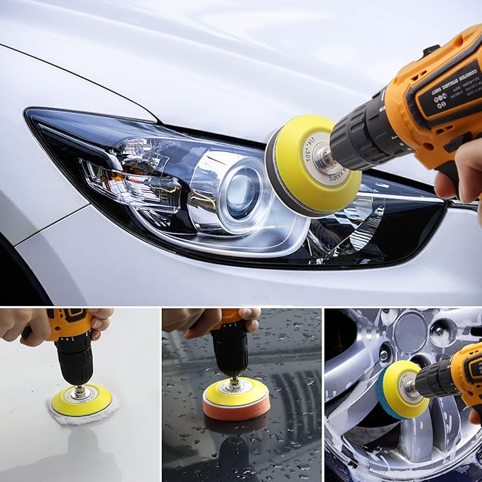 VIBRATITE Car Headlight Restoration Kit, 3 Inch Car Polishing Sanding Discs with 1/4 Inch Shank Backing Pad, Scouring Pads, Buffing Sponge Pads, Soft Interface Pad, Woolen Buffer Pads, 32PCS