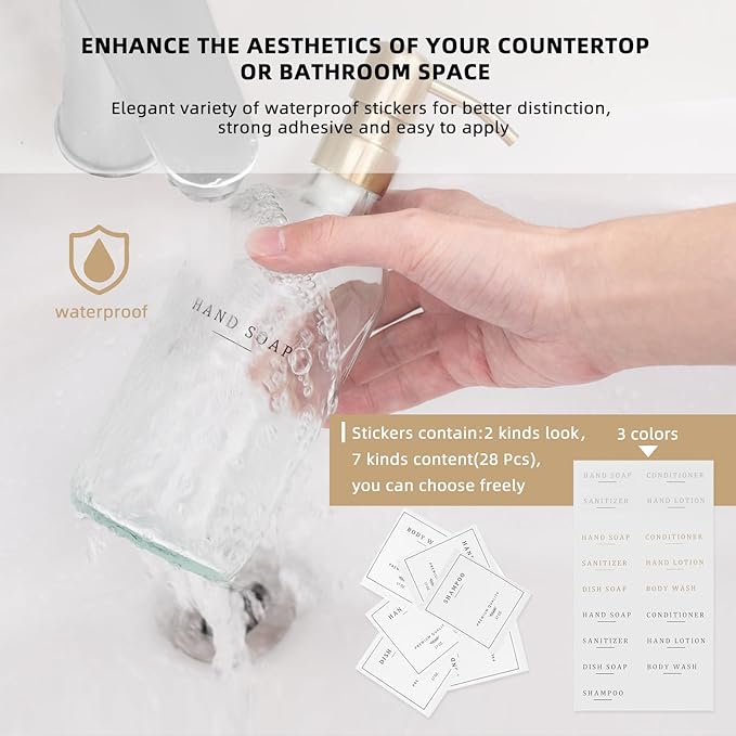 Glass Soap Dispenser - Dish Hand Soap Dispenser Set for Kitchen, Bathroom Soap Lotion Dispenser with 304 Rust Proof Pump, Tray, Clear Bottle/Gold Pump
