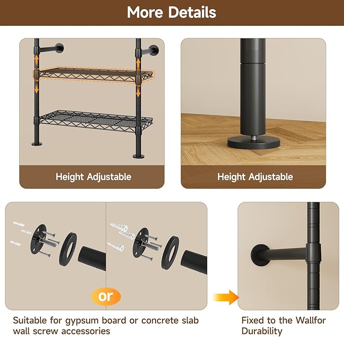 ONBRILL L4 Wall Mounted Industrial Pipe Clothing Rack, Closet Organizer System with 6 Hanging Clothes Rods ( 4 Expandable Rods) & 8 Shelves, Heavy Duty Corner Garment Rack, Large Wardrobe - Black