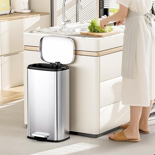 AthLike Trash Can, Stainless Steel Kitchen Garbage Can, Step Waste Bin with Hinged Lid and Removable Inner Bucket, Soft-Close, Dustbin for Bathroom Bedroom Living Room Home (Silver, 8 Gal)