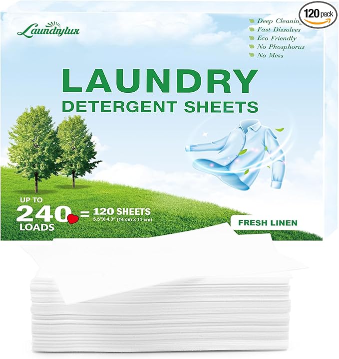 Laundry Detergent Sheet, Eco-Friendly & Hypoallergenic Wash Strips, Natural Ingredients, Ultra-Concentrated, Travel-Ready, No Plastic Jug- Fresh Scent, (240 Loads) 120 Sheets