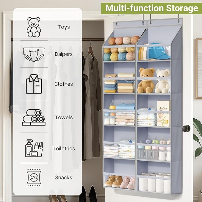 AOODA 2 Pack Over the Door Organizer, Large Capacity Closet Door Hanging Organizer, Clear Deep Pockets Baby Organizer Storage for Nursery, Bathroom, Bedroom, Pantry, Diapers (Grey)