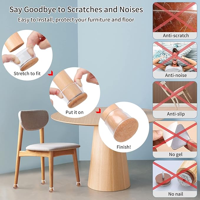 Ezprotekt 24 Pcs Extra Large Chair Leg Protectors with Felt, Round Chair Leg Caps, Floor Protectors for Chairs, Felt Furniture Pads Covers, Bar Stools Leg Protectors Cups (XL Fit: 1.4"-1.65", Clear)