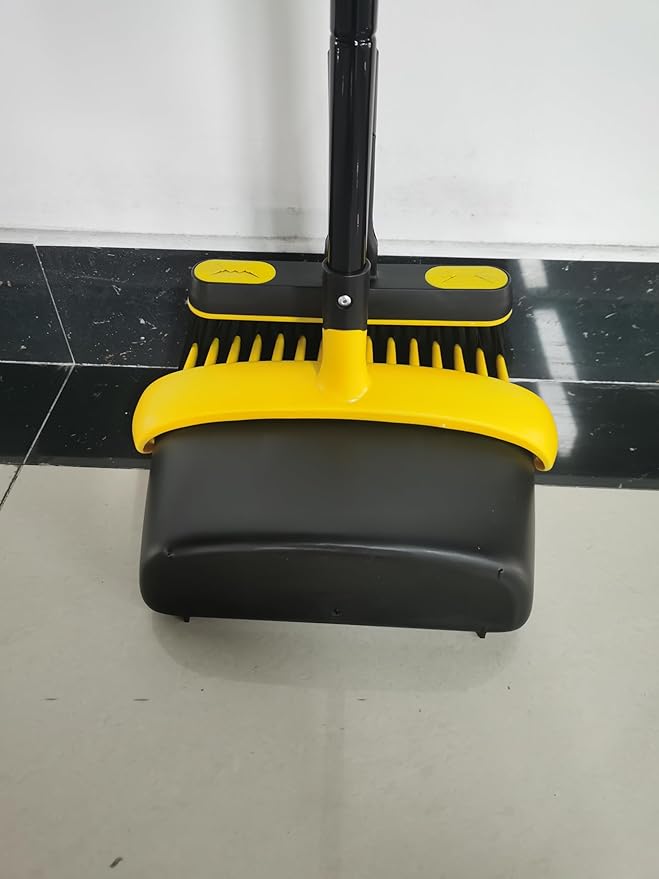 JEHONN Broom and Dust Pan, 54.3 inches Long Handle Swivel Brush, Upright Foldable Dustpan with Comb Teeth for Home Kitchen Lobby Indoor Floor Cleaning (Black & Yellow)