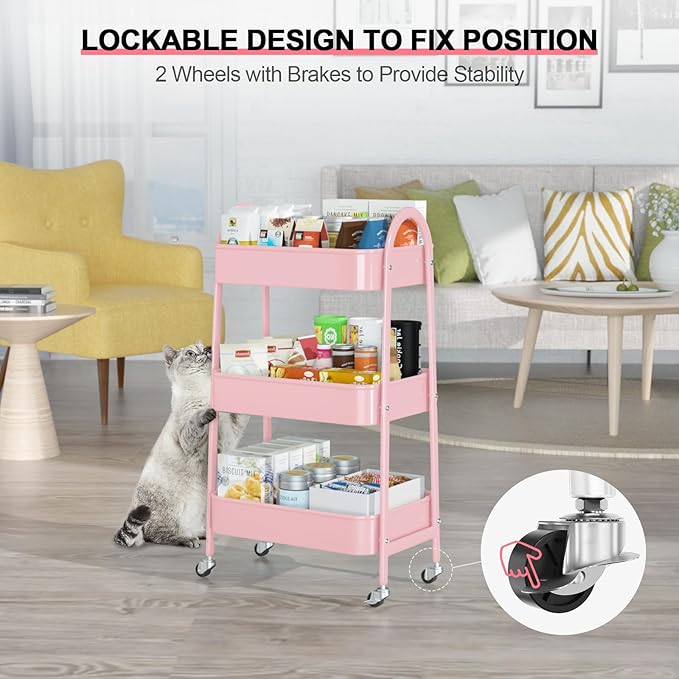 EAGMAK 3 Tier Utility Rolling Cart, Metal Storage Cart with Handle and Lockable Wheels, Multifunctional Storage Organizer Trolley with Mesh Baskets for Kitchen, Living Room, Office, Garage (Pink)