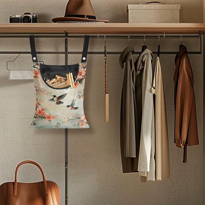 2 Pcs Hummingbird and Flowers Clothes Pin Bag, Small Hanging Laundry Bag with Hanging Rope Clothespin Bag for Clothes Line Clip Easy Access Clothes Pin Holder for Home Outdoor