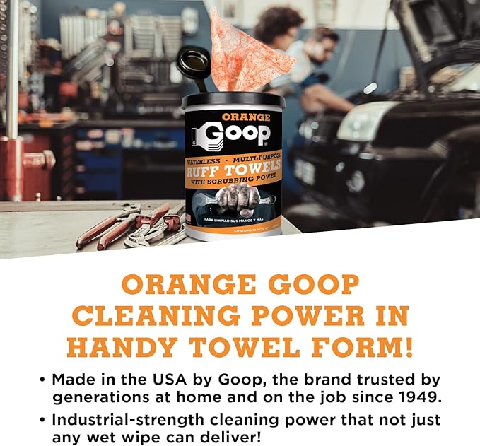 GOOP Orange Heavy Duty Ruff Towels with Scrubbing Power, 10” x 12” Dual Textured Multi-Purpose Cleaning Wipes, Removes Dirt, Grease, Oil, 72 Count (Pack of 2)