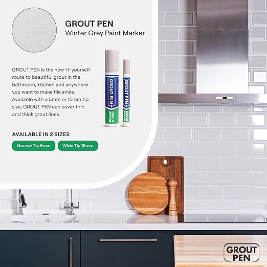Grout Pen Tile Paint Marker: Waterproof Grout Paint, Tile Grout Colorant and Sealer Pen - Narrow 5mm, 2 Pack with Extra Tips (7mL) - Winter Grey