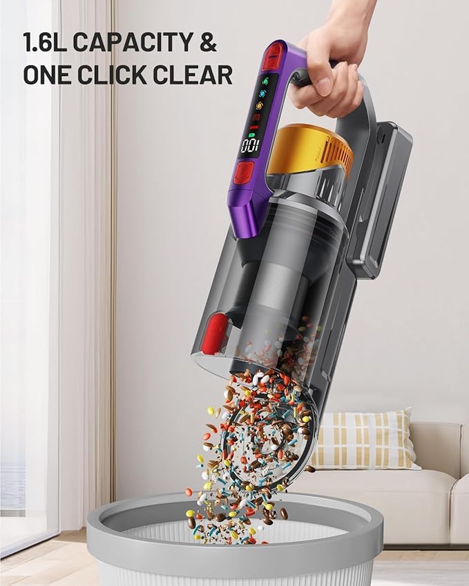 Cordless Vacuum Cleaner, 580W 48KPA 70Mins Vacuum Cleaners for Home, Self-Standing Stick Vacuum with Aromatherapy & LED Display Screen, Stick Vacuum Cordless Rechargeable for Pet Hair/Carpets (Gold)