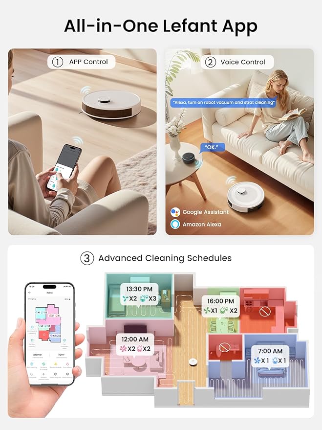 Lefant LiDAR Robot Vacuum and Mop, 45-Day Self-Emptying, 190° PSD Obstacle Avoidance, Customized Cleaning, Multi-Floor Mapping, 5500Pa Strong Suction, 140 Min Runtime, WiFi/Alexa/APP/iWatch, M2 Pro