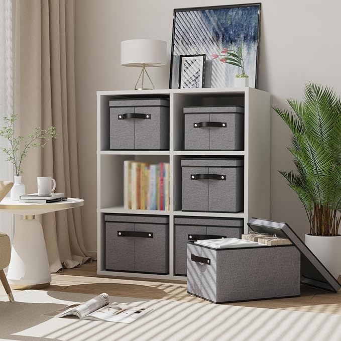 Fabric Storage Boxes, 7.1 x 9.1 x 13 Inch Baskets for Shelves with Lids, Wardrobe Organiser with Handles, Decorative Linen Closet Organizer Bins, Gray, 5 Pack