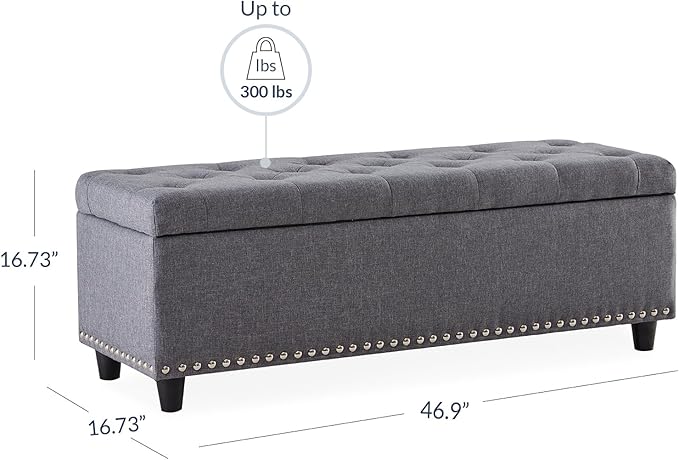 BELLEZE 47" Storage Ottoman, Storage Bench with Safety Close Hinge, Linen Button-Tufted Ottoman for Living Room, Entryway, Hallway, Foot Rest, Support 300lbs - Gray