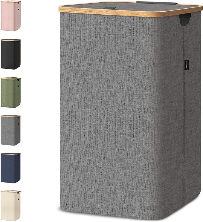 BALEINE Laundry Hamper with Lid, Tall Laundry Baskets with Bamboo Pull Handles, Large Laundry Bin with Internal Support (26 Gal/100L, Grey)
