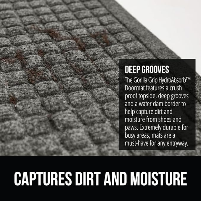 GORILLA GRIP Front Door Mat, Indoor Outdoor Ultra Absorbent HydroAbsorb Doormat, Absorbs Up to 1.7 Cups of Water, Stain and Fade Resistant, Rubber Backing Doormats, Captures Dirt, 29x17 Gray