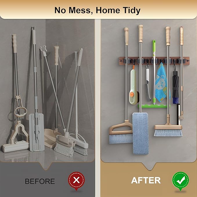 Broom Holder Wall Mount With 5 Slots & 4 Hooks，Rustic Wood Broom & Mop Hanger，Wall Mounted Garden & Garage Tool Storage Organizer Rack for Closet Laundry Room or Kitchen Wall Decor Black