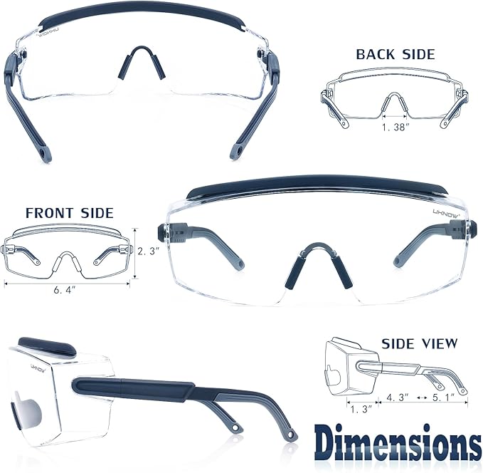 UKNOW Safety Goggles Over Glasses, Safety Glasses Anti Fog Wraparound Eye Protection, Protective Eyewear ANSI Z87.1