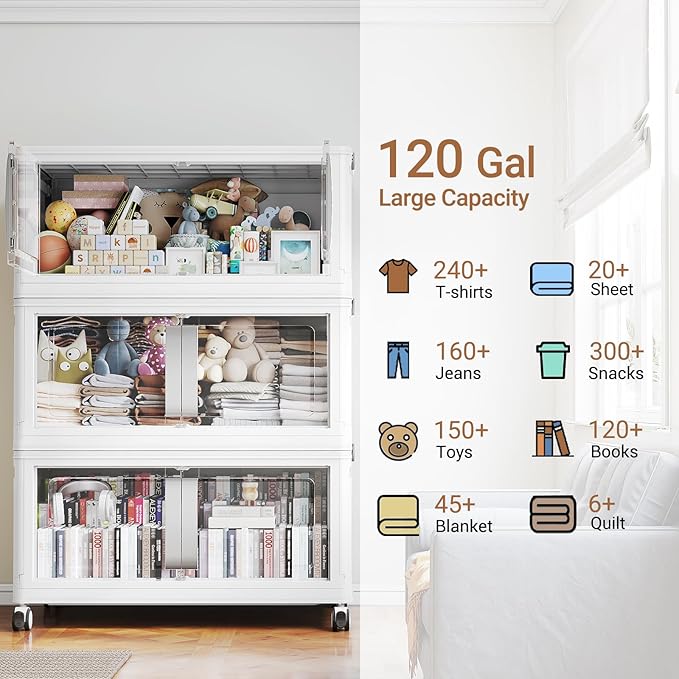 BROVIEW 480QT Stackable Storage Bins with Lids, 120Gal Extra Large Collapsible Storage Box with Wheel, Plastic Storages with Clear Door Open Front for Home Kitchen Garage, White-3pack(3 lids)