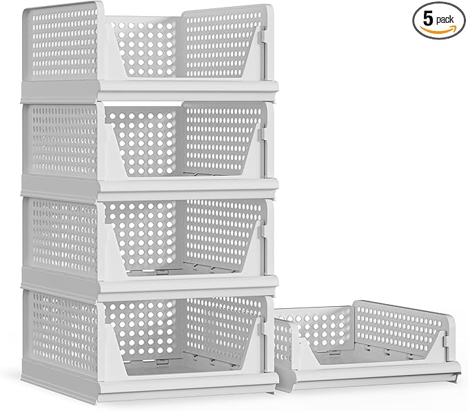 Proarea 5 Pack Stackable Plastic Storage Basket Closet Organizer Bin Foldable Clothes Organizer Storage Drawer Shelf Container for Living room Bathroom Kitchen Office (4L+1S)