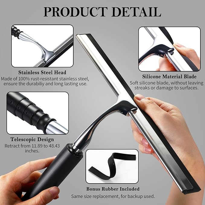 Window Squeegee for Home, 2 in 1 Window Washing kit with Extension Pole Long Handle Squeegee for Shower Glass Floor Tile Wall Car Windshield, 12 inch Wide, Black