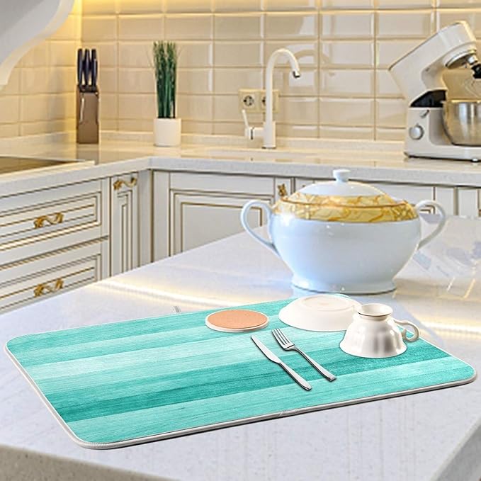Teal Turquoise Green Wood Texture Dish Drying Mat 16x18 for Kitchen Green Blue Wooden Printing Dishes Pad Dish Drainer Rack Mats Absorbent Fast Dry Kitchen Accessories