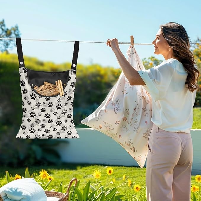 Dog Paw Print Clothespin Bag with Hanging Hook Summer Laundry Clothes Pin Holder Waterproof Clothes Pin Hanging Bag Clothespin Storage Organizer with Large Opening
