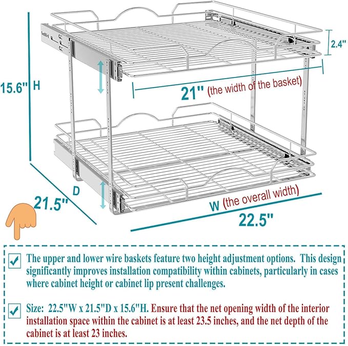 OCG 2 Tier Pull Out Cabinet Organizer (22.5" W x 21.5" D), Pull Out Drawers for Kitchen Cabinets, Pull Out Shelves for Base Cabinet Organization in Kitchen Bathroom Pantry, Chrome Finish