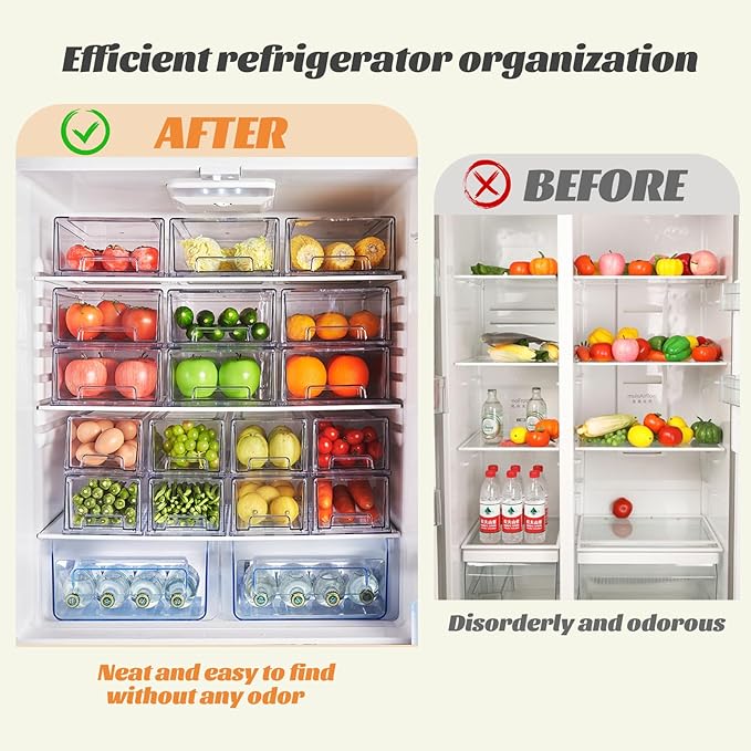 PeJeyiee 2 Pack Clear Stackable Refrigerator Organizers and Storage Drawers - Pull-Out Fridge Bins with Anti-Slip Base & Easy Clean, Plastic Organizers for Kitchen Pantry Cabinet Closet (Medium)
