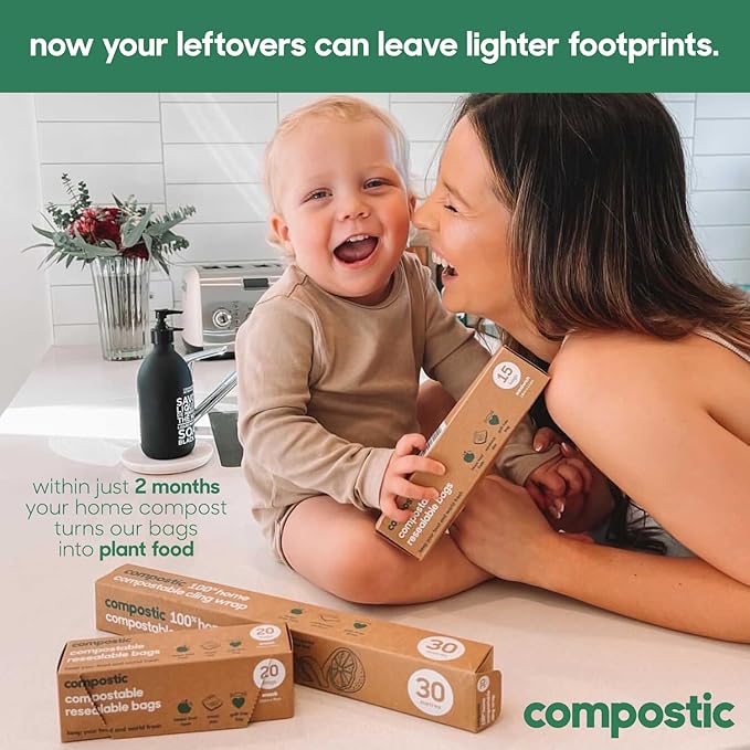 Compostic Home Compostable Resealable Snack Bags (6"x 3.5"), Microwave & Freezer Safe, Organic Food Storage Container, 100 Count (Pack of 2)