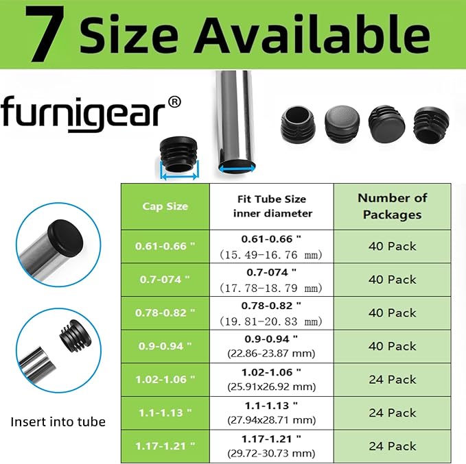 Plastic Plugs Tubing End Caps- Furnigear Black Chair End Cap 1 1/8" Outside Bottom Round Tubing Caps Round Furniture Slides Glides (Fit 1.02-1.06" Tube Inner Diameter, 24pack)