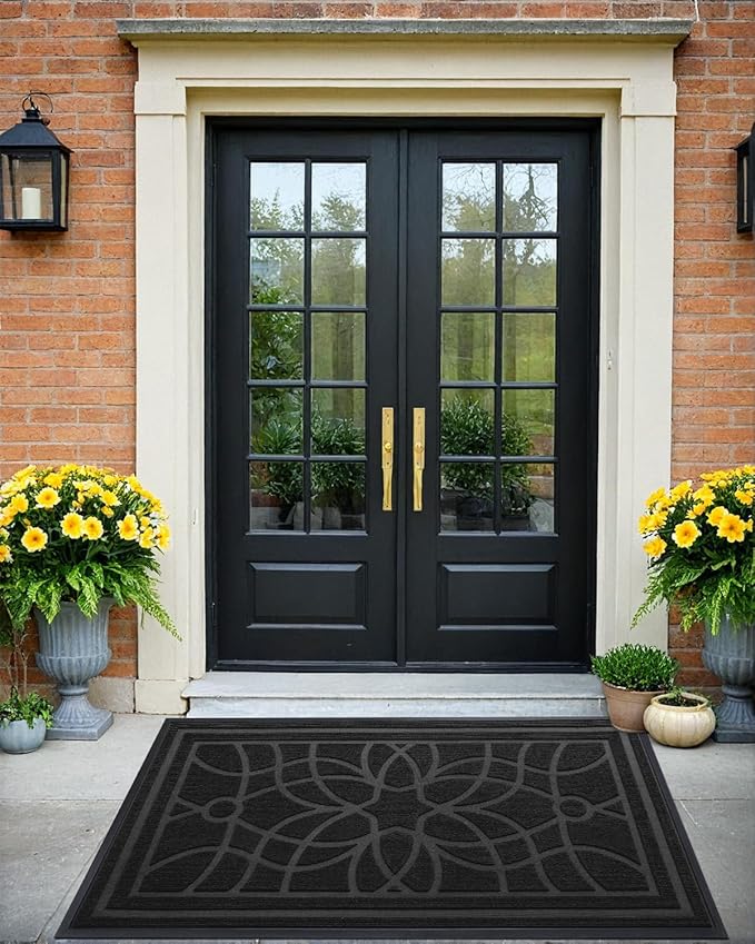 DEXI Front Door Mat Outside Entrance, Heavy Duty Non Slip Low Profile Doormat for Entryway, Trap Dirt and Moisture Welcome Mats, Easy Clean, Patio, Garage, 3x2, Black
