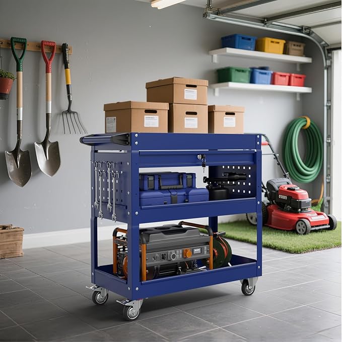 3 Tier Rolling Tool Cart with Drawers, 450 LBS Capacity Tool Cart on Wheels, Heavy Duty Rolling Utility Cart with Drawers, Rolling Utility Carts for Garage, Warehouse and Repair Shop,Blue