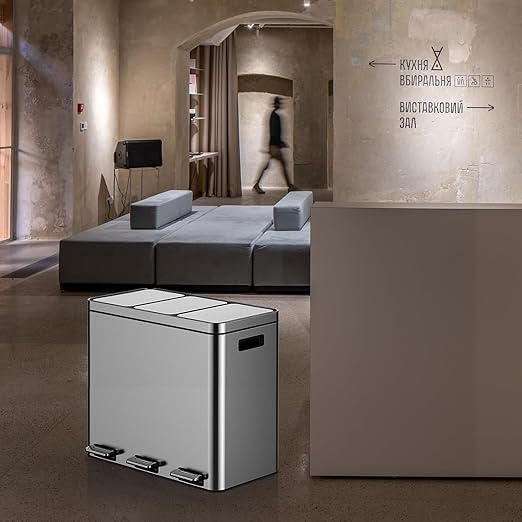 3 x 5.3 Gal (3 x 20L) Trash Can, Stainless Steel Triple Compartment Step-On Recycling Bin with Soft-Close Lids & Removable Plastic Inner Buckets for Kitchen, Home, Office