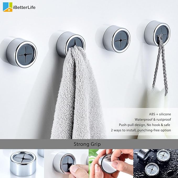 Adhesive Kitchen Dish Towel Hooks - 4 Pack iBetterLife Hand Towel Holder for Cabinet, Push Towel Hook, Dish Cloth Rag Holder for Home Bathrooms, Kitchens, Garages, RV, Within Easy Reach, Matte Black