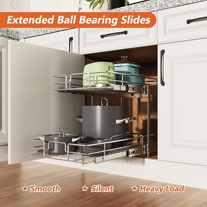ROOMTEC Individual Pull Out Cabinet Organizer (11½" W x 21½" D), 2 Tier Spice Rack Organizer for Cabinet, Slide Out Drawer Pantry Shelf Organization and Storage for Kitchen Bathroom