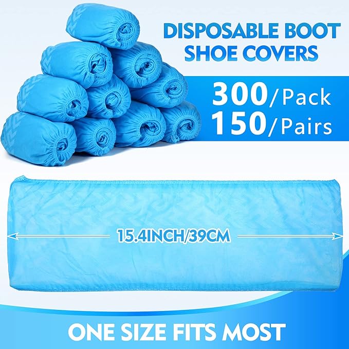 Zhanmai 300 Pack Disposable Shoe Covers Non Slip Disposable Large Foot Booties Shoe Covers for Indoors Contractors Floor and Carpet Protectors, One Size Fits Most(Blue)