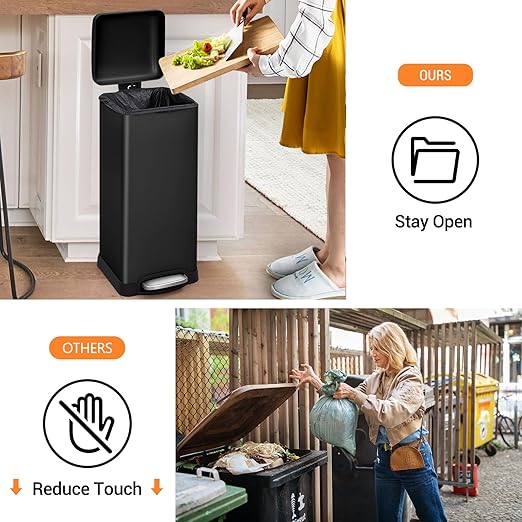 8 Gal/30L Slim Trash Can, Rectangular Step-On Stainless Steel Garbage Can, Soft-Close Lid, Anti-Fingerprint Surface, Recycling Bin with Removable Inner Basket, for Kitchen Dining Room, Black
