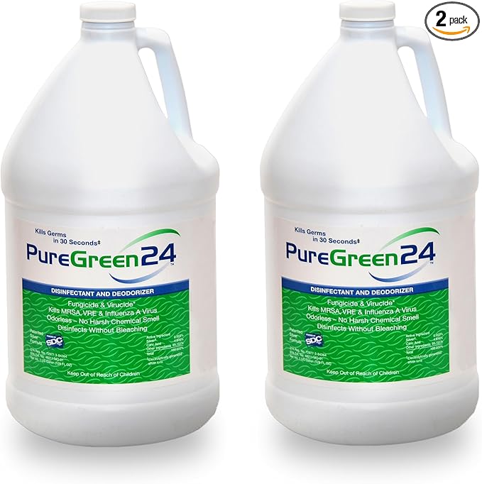 PureGreen24 Safe & Effective Disinfectant. Kills Deadly Germs including RSV COVID-19 Norovirus MRSA Staph 2025 flu Contains no toxic chemicals odorless child & pet safe 2 gallon bottles ready to use