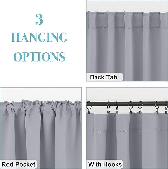 RYB HOME Blackout Curtains for Bedroom - Small Window Treatment Panels Full Privacy Thermal Insultaed Solar Drapes for Bathroom Dining Basement, Wide 42 x Long 45, Silver Grey, 2 Pcs