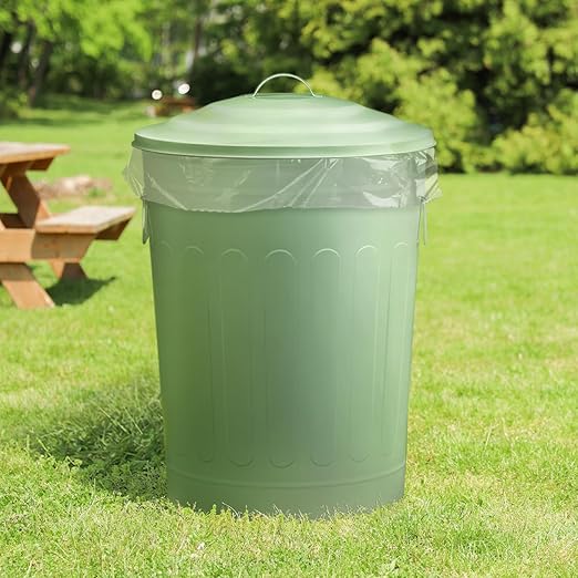 Plexon Round Trash Can 13 Gallon, Vintage Metal Outdoor Trash Can with Lid, Retro Farmhouse Garbage Container, Old School Modern Ash Bucket, Green 3 Pack