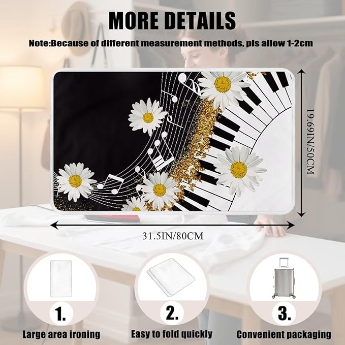 Music Ironing Pad Ironing Blanket Thick Travel Iron Pad Heat Resistant Ironing Board Cover for Table Top, Washer, Dryer,32 x 16 Inch Ironing Mats,Black Piano Daisy