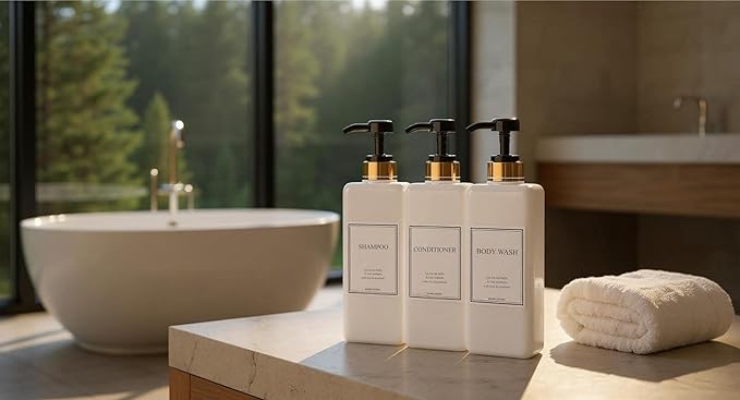 Modern Gold Design Large 27 oz Shampoo and Conditioner Dispensers - Empty Plastic Refillable Pump Bottle Set for Bathroom Shower Soap Dispenser, Set of 3 (Black)