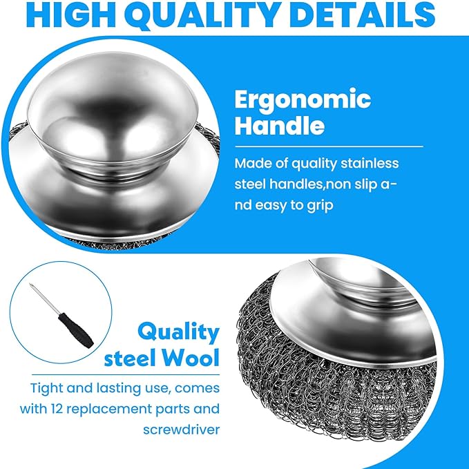 4 Pcs Steel Wool Scrubber with Handle Heavy Duty Metal Pot Scrubber Brush 16 Pcs Stainless Wool for Cleaning Dishes Pans Steel Scouring Pad for Kitchen Cast Iron Sink Griddles Grills