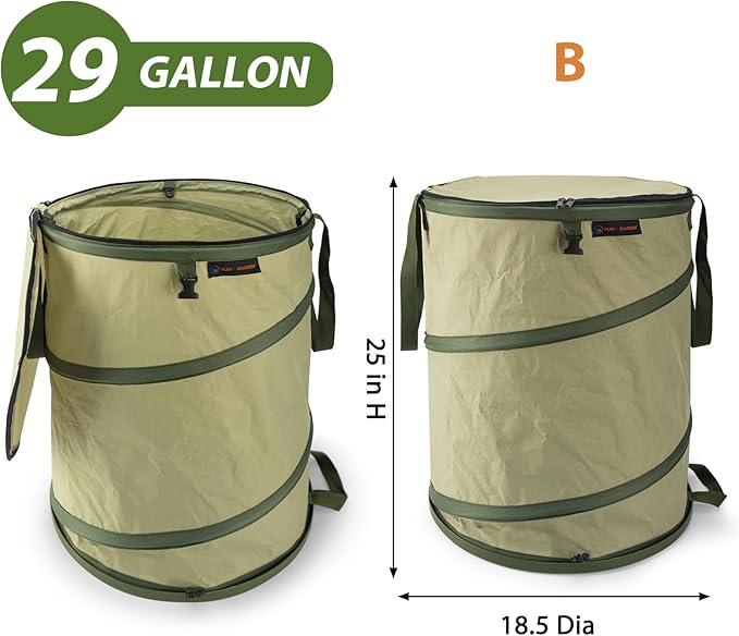 YUDI & GARDEN 29 Gallon Hard Bottom Collapsible Trash Can｜Collapsible Garden Bag｜Camping Trash Can, Green 2-Pack for Collecting Weeds or Yard and Party Waste