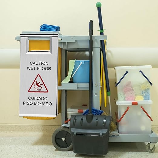 Kigley 2 Pcs Wet Floor Sign, 17 Inch Stainless Steel Caution Wet Floor Sign Double Sided Portable Foldable Bilingual Safety Warning for Hotel Market Restroom Restaurant Office (Silver)