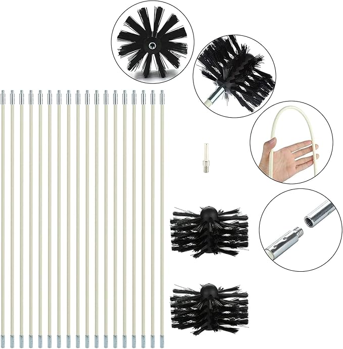 25 Feet Stove Pipe Clean Brush Extension Rods Flexible Fireplace Chimney Brush Stove Pipe Brush Rod Rotary Air Duct Dryer Vent Cleaner Rods Flue Brush Chimney Sweep Kit with Brush Head