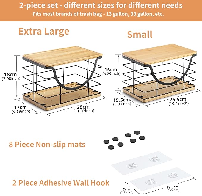 Extra Large Trash Bag Holder Stackable Kitchen Storage, 2 Pack Wall Mounted Pantry Organizers and Storage with Bamboo Top, Garbage Bag Dispenser Under Sink for Laundry Room and Kitchen